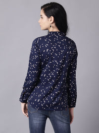 Thumbnail for NOZ2TOZ Women Navy Blue Regular Printed Mandarin Collar Crepe Shirt - Distacart