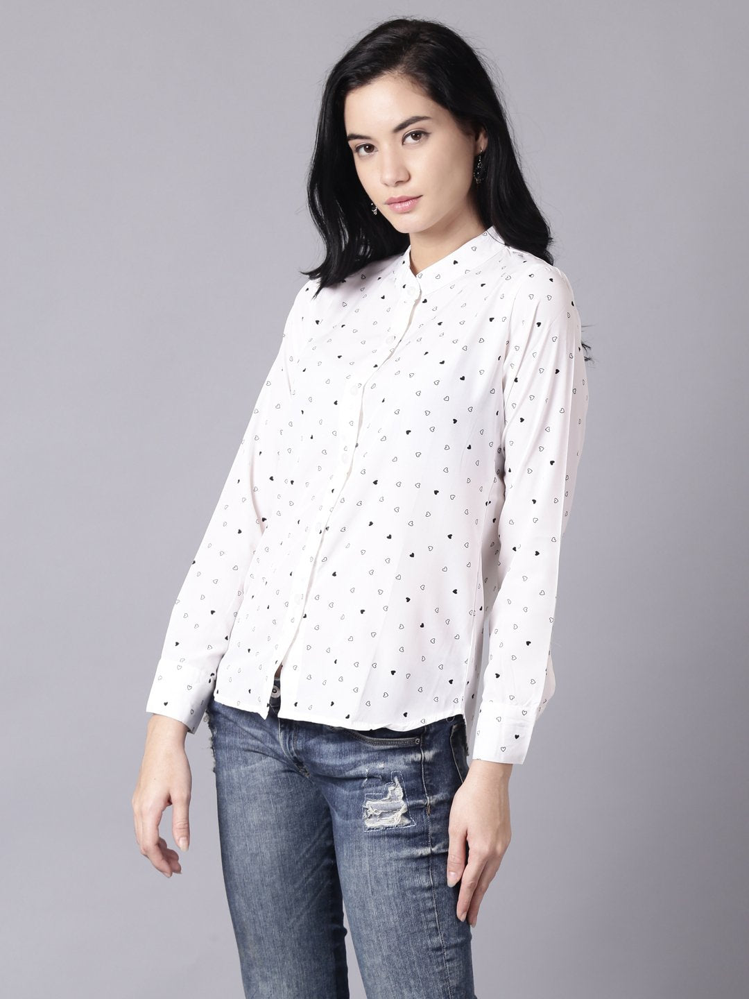 NOZ2TOZ Women White Regular Printed Mandarin Collar Crepe Shirt - Distacart
