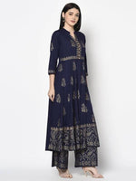 Thumbnail for Aniyah Rayon Navy Blue Color Block Print Anarkali Palazzo Set (AN-210K)