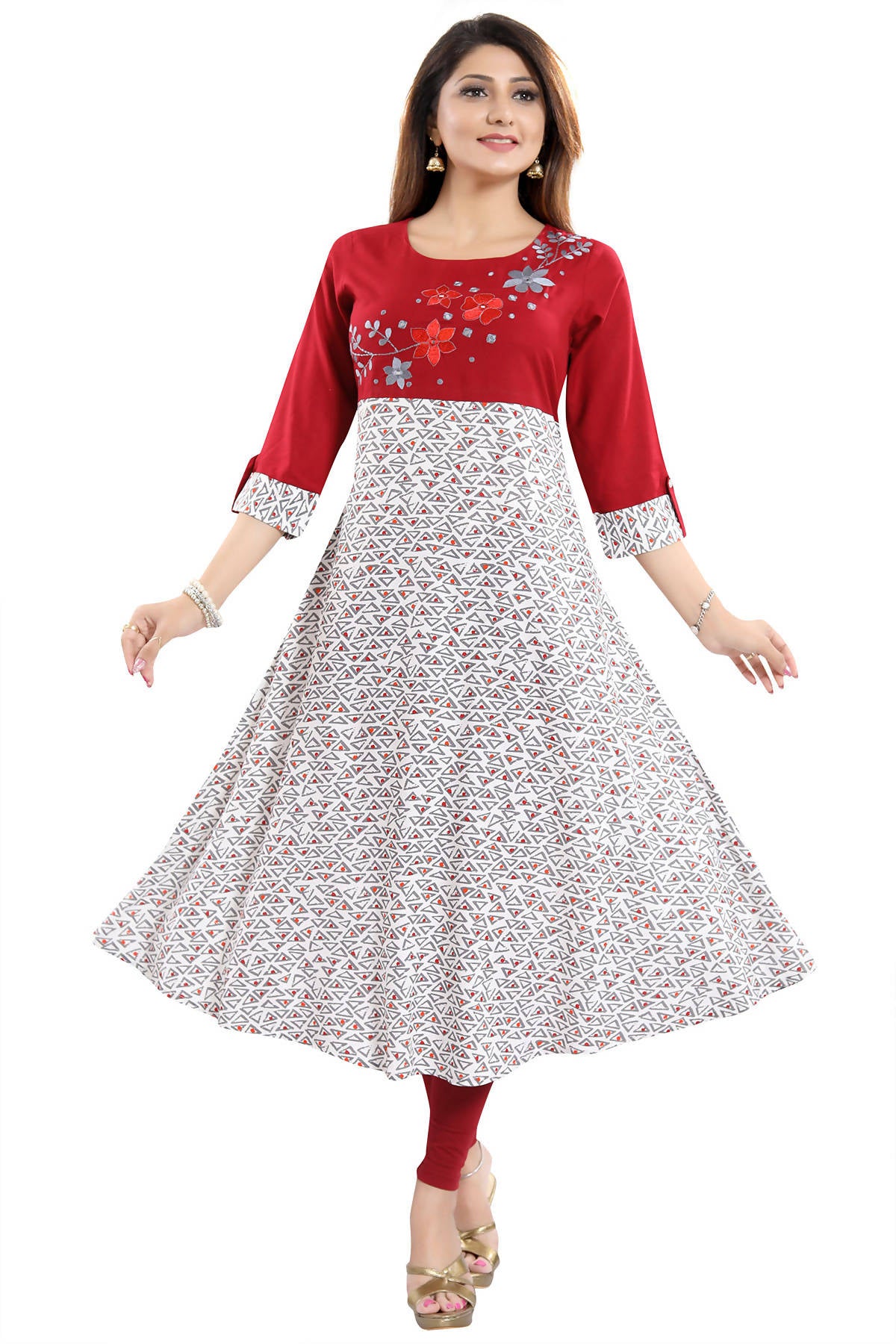Snehal Creations Magnificent Maroon Rayon Printed Flared Long Tunic - Distacart