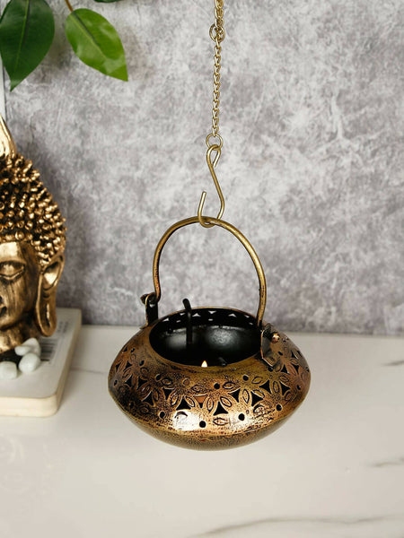 CraftVatika Gold-Toned Metal Degchi Hanging Tealight Candle Holder - Distacart