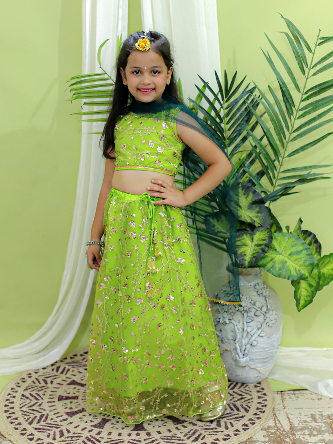 NOZ2TOZ Kids Girls Ethnic Festive and Wedding Wear Sequin Party Lehenga Choli With Dupatta for - Green - Distacart