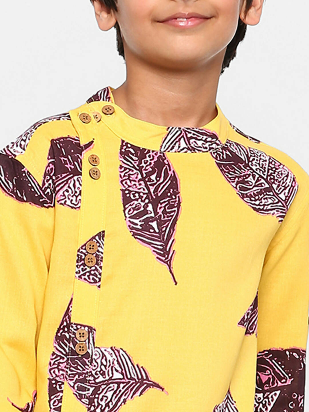 Manet Ethnic Full Sleeves Big Leaf Printed Shirt - Yellow - Distacart