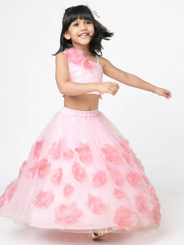 Lil Drama Paris Nights Girls Pink 3D Flower Embellished Lehanga Top - Distacart