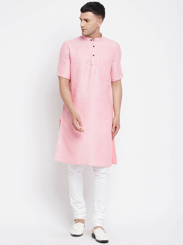 Even Apparels Pink Pure Cotton Men's H/S Kurta With Band Collar - Distacart