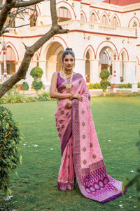Thumbnail for Vishnu Weaves Women's Baby Pink Patola Banarasi Silk Meenakari Zari Woven Saree with Blouse - Distacart