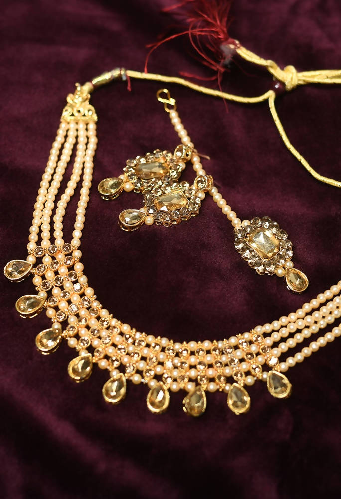 Tehzeeb Creations Golden Plated Necklace With Stone And Pearl Studded