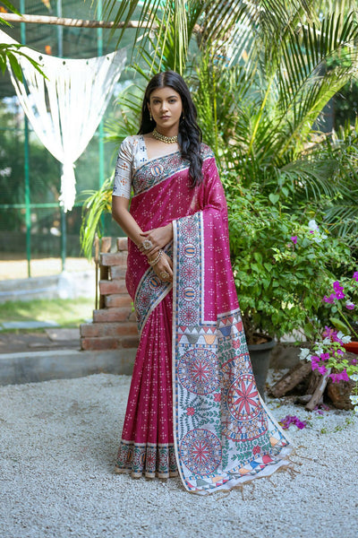 Vishnu Weaves Women's Pink Soft Tussar Silk Printed Saree with Blouse - Distacart