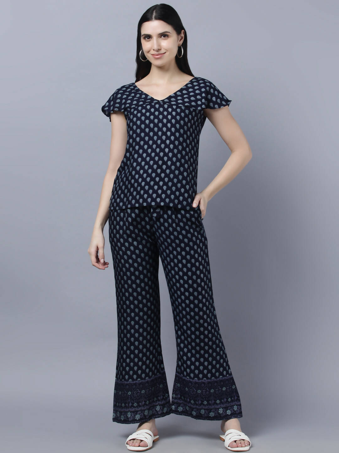 Myshka Women Navy Blue Ethnic Motifs Printed Pure Cotton Top with Palazzos - Distacart