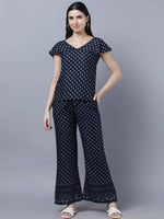 Thumbnail for Myshka Women Navy Blue Ethnic Motifs Printed Pure Cotton Top with Palazzos - Distacart