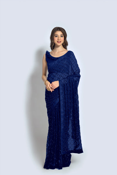 Malishka Women's Blue Georgette Sequence Embroidery Saree With Blouse Piece - Distacart