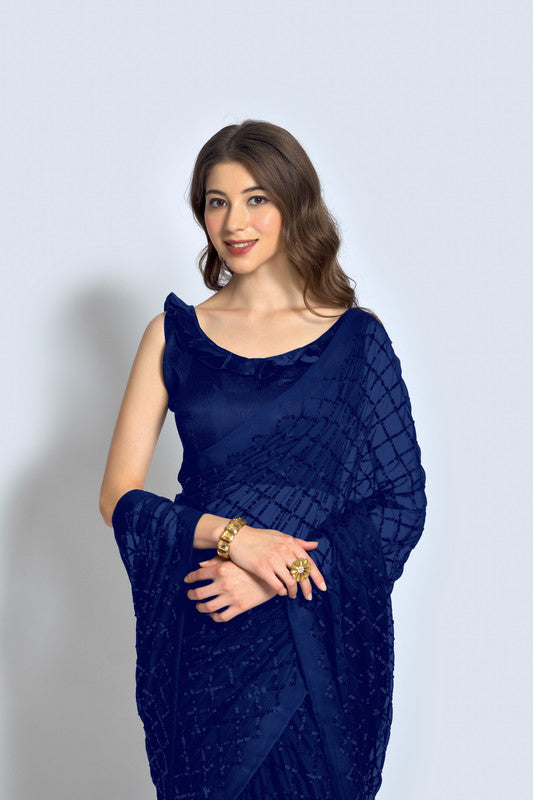 Malishka Women's Blue Georgette Sequence Embroidery Saree With Blouse Piece - Distacart
