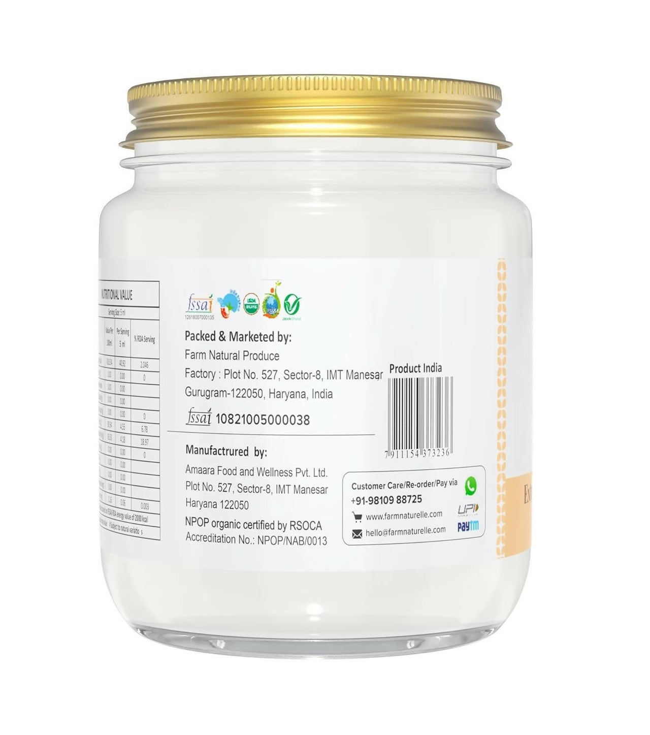 Farm Naturelle 100% Pure Organic Extra-Virgin Cold Pressed Coconut Oil - Distacart