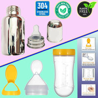 Thumbnail for Goodmunchkins Stainless Steel Feeding Bottle & Spoon Food Feeder Anti Colic Silicone Nipple Combo-(Pink,220ml) - Distacart