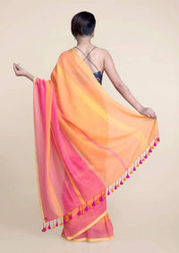 Thumbnail for Suta Orange Pink Striped Mul Saree - Distacart