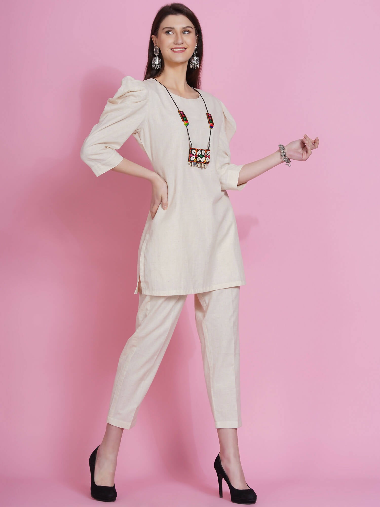 Women Republic Off White Cotton Flex Kurta With Attached Necklace And Pants - Distacart