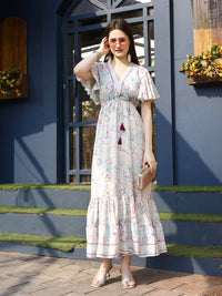 Thumbnail for Off white Rayon Foil Printed Long Dress - Michan - Distacart