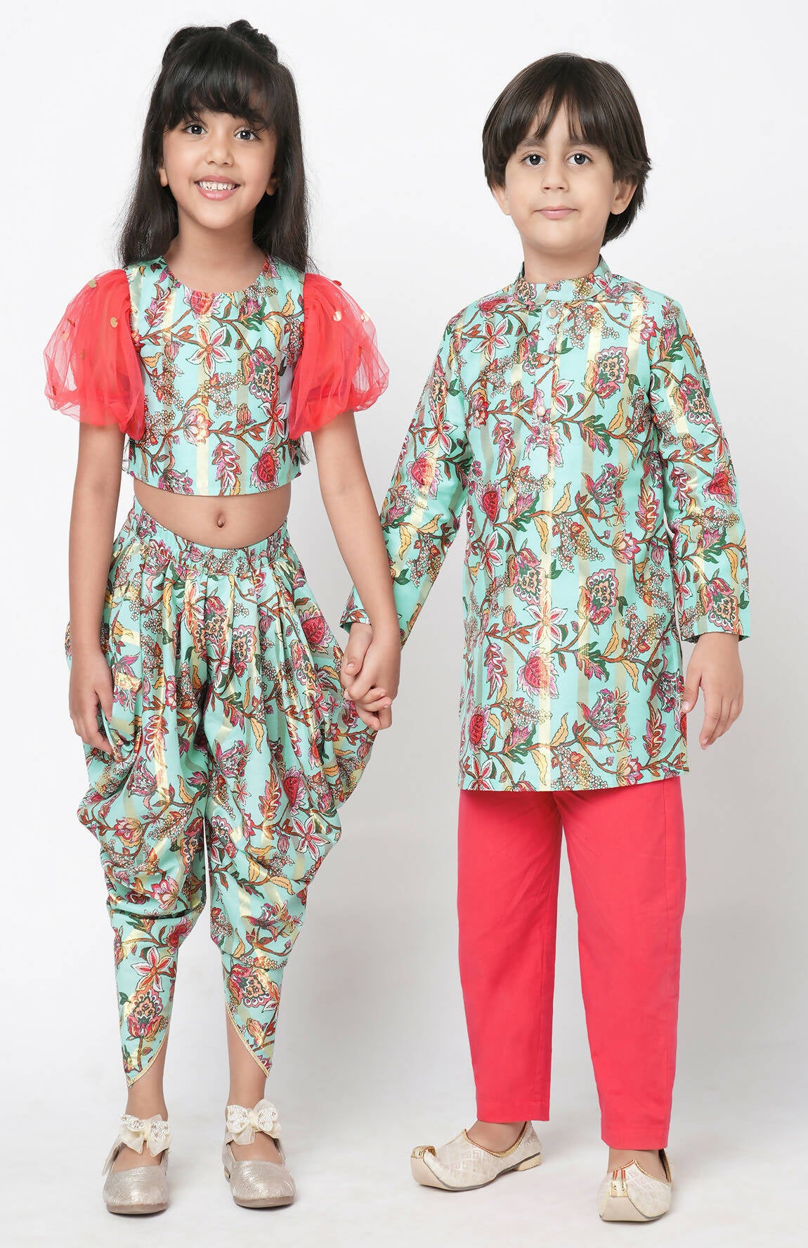 Lil Drama Golden Weaves Blue Crop Top With Dhoti Co-Ordinate Set - Distacart