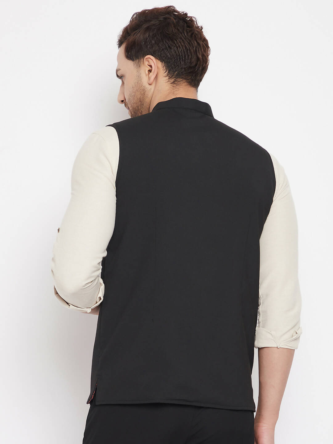 Even Apparels Black Merino Men's Nehru Jacket-Contrast Lining-Inbuilt Pocket Square - Distacart
