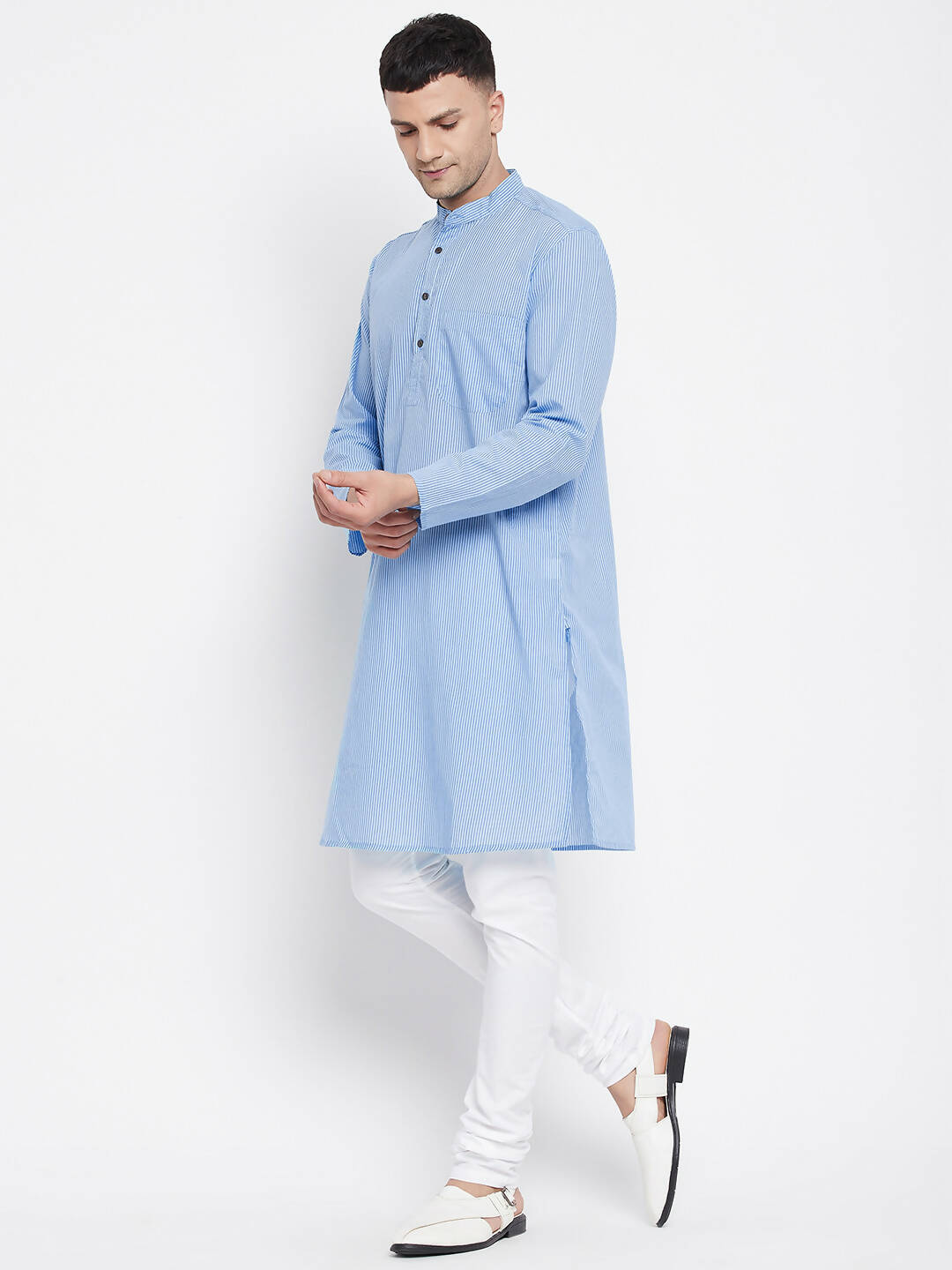 Even Apparels Blue Pure Cotton Men's Kurta With Band Collar - Distacart
