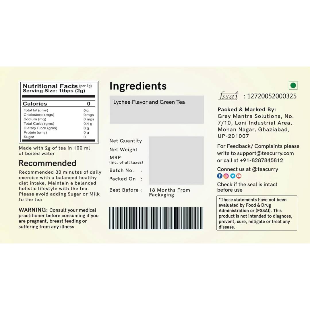 Teacurry Lychee Flavor Green Tea Bags - Distacart