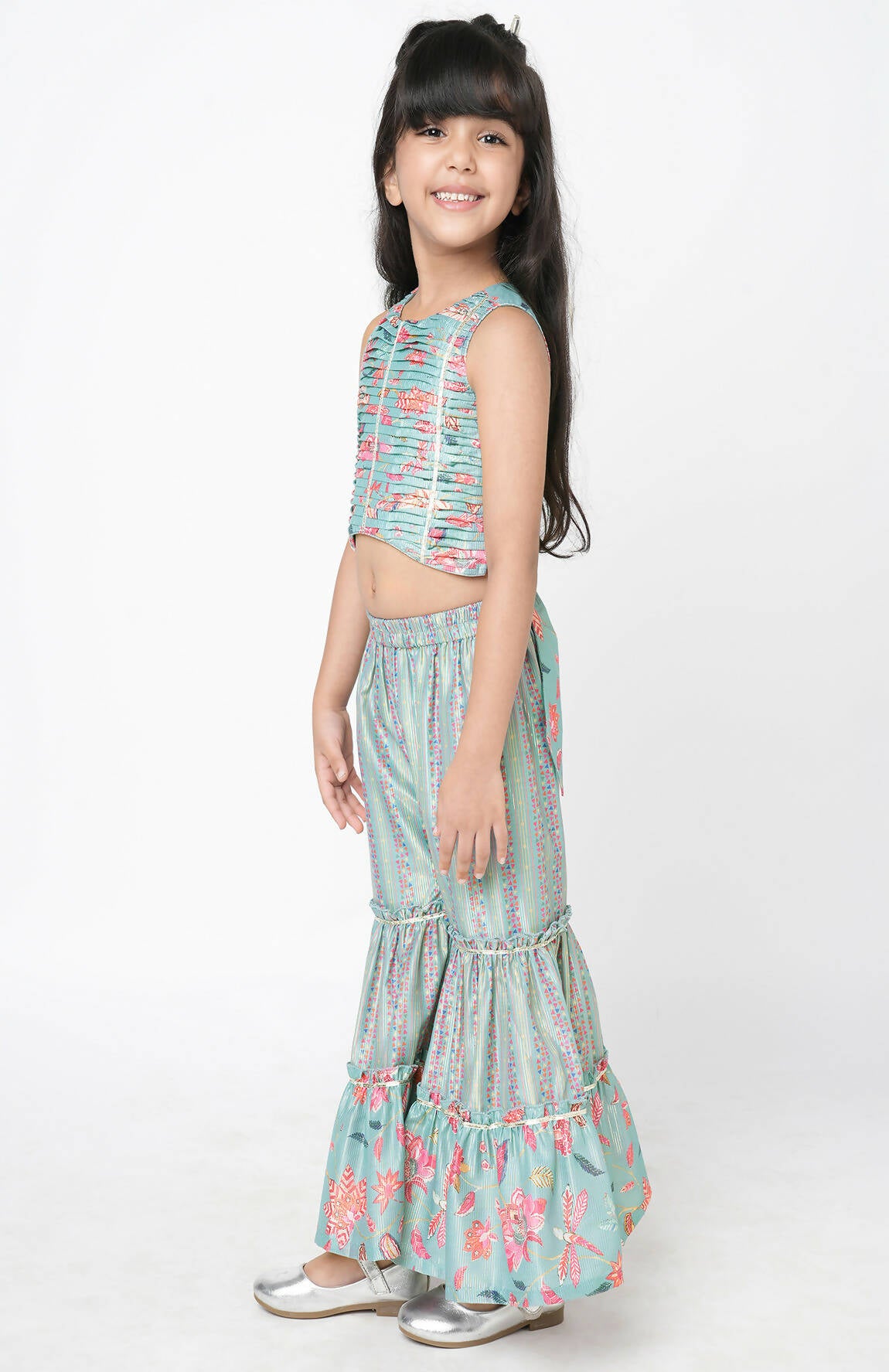 Lil Drama Golden Weaves Blue Crop Top With Palazzo Co-Ordinate Set - Distacart