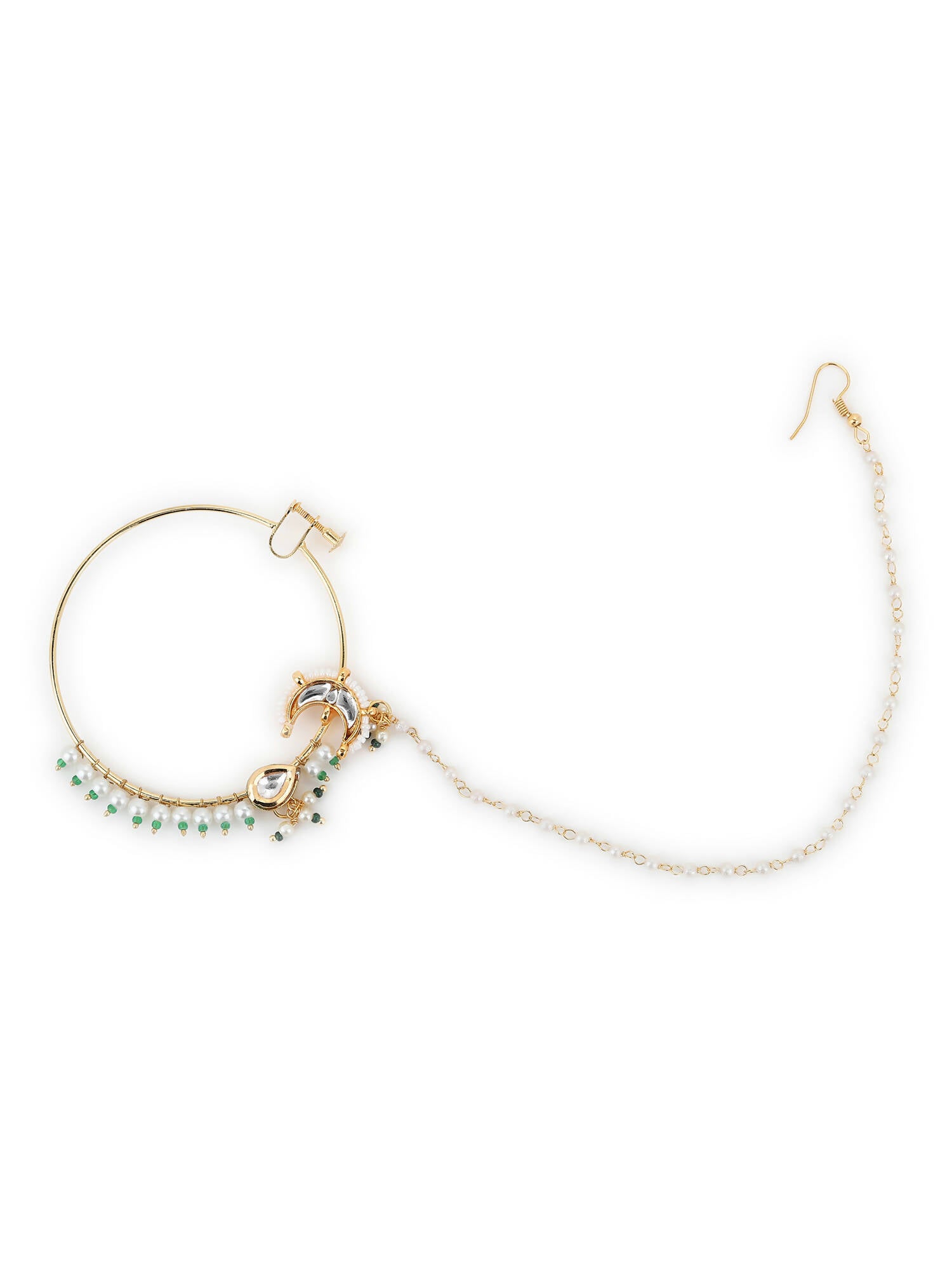 Gold-Plated White Green Kundan-Studded Pearl Beaded Nosepin - Ruby Raang - Distacart