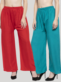 Thumbnail for Wahe-NOOR Women's Solid Red & Turquoise Rayon Palazzo (Set Of 2) - Distacart
