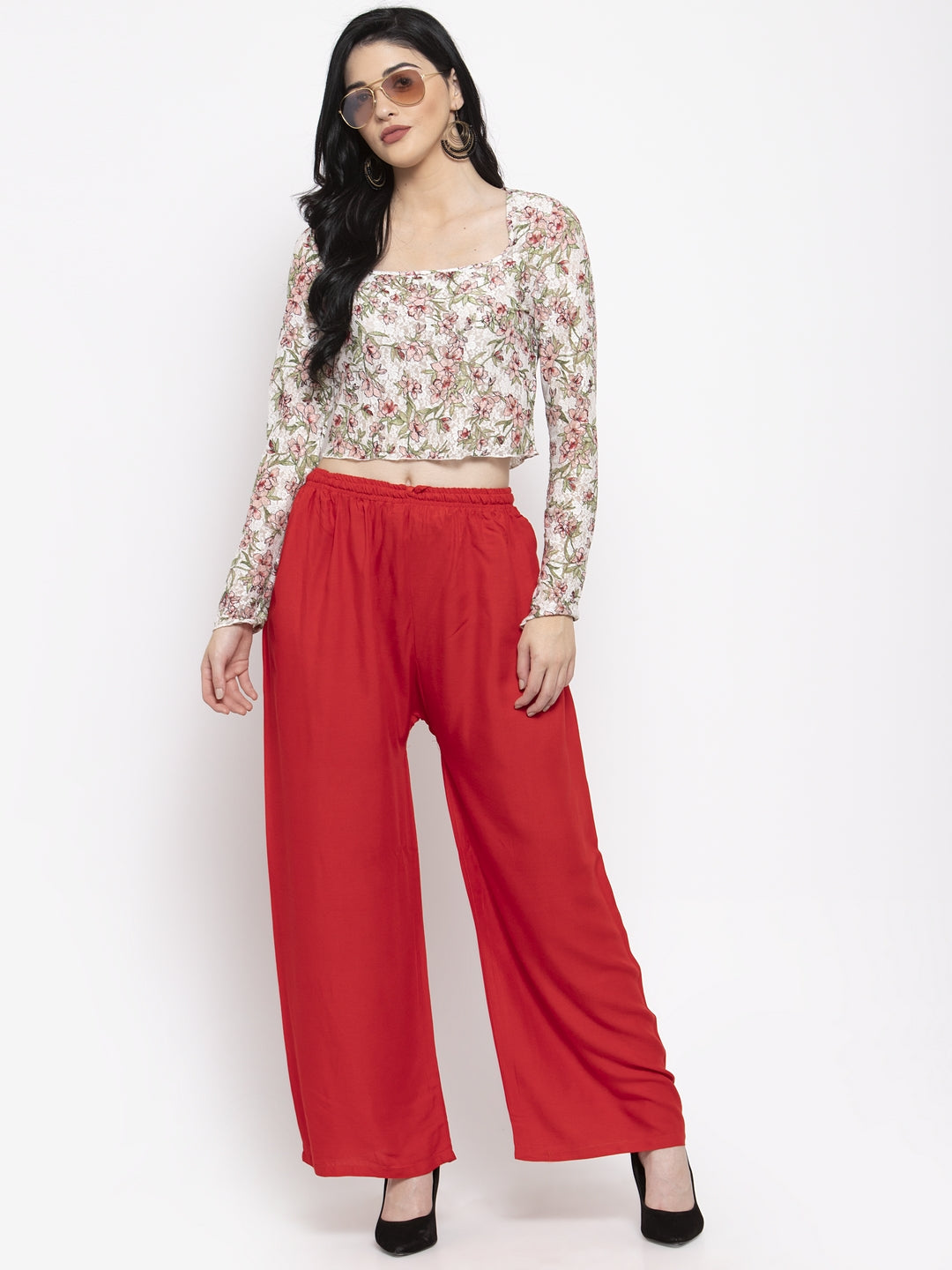 Wahe-NOOR Women's Solid Red & Turquoise Rayon Palazzo (Set Of 2) - Distacart