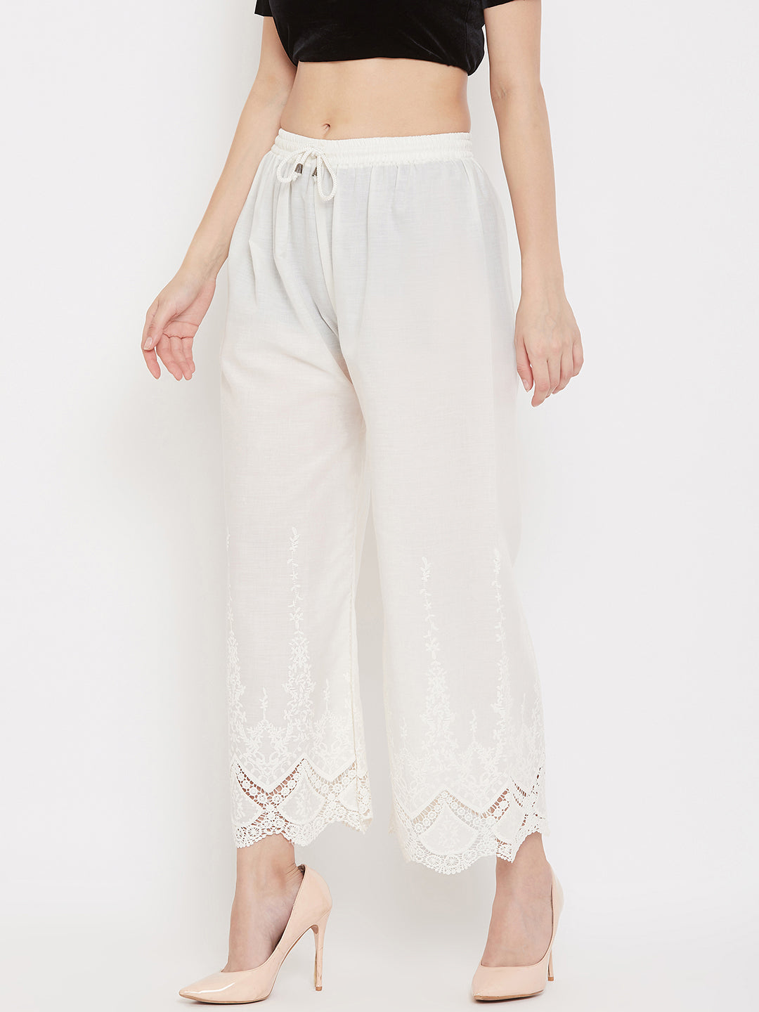 Wahe-NOOR Women's Cream Straight Embroidered Palazzo - Distacart