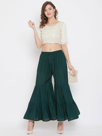 Thumbnail for Wahe-NOOR Women's Bottle Green Flared Solid Gharara - Distacart