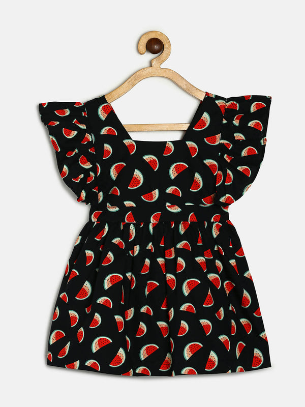 Manet Girls Cotton V Neck Frill Frock Watermelon Printed - Black - Distacart
