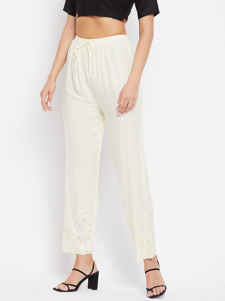 Wahe-NOOR Women's Cream Chikankari Rayon Palazzo - Distacart