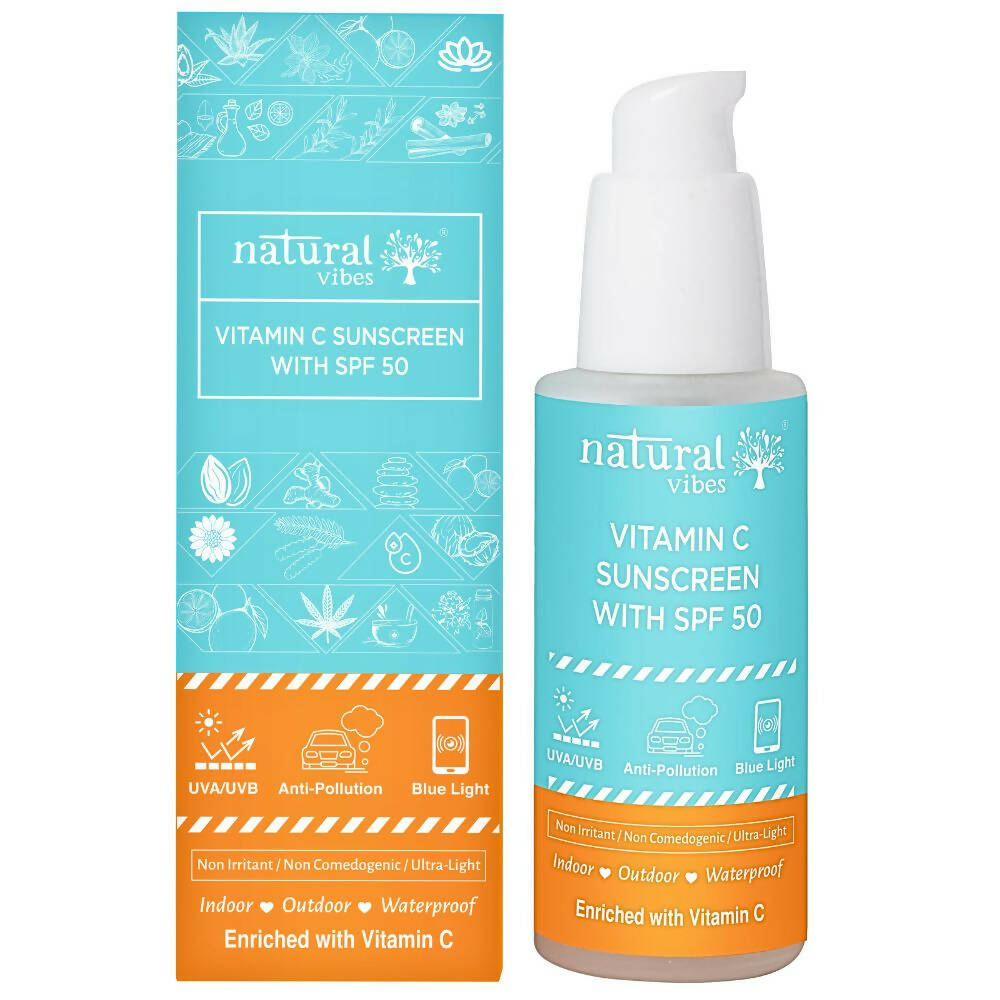 Natural Vibes Vitamin C Sunscreen SPF 50 + - UVA/UVB rays, Blue Light & Pollution Protection - Distacart