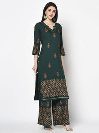 Thumbnail for Aniyah Rayon Bottle Green Color Block Print Straight Kurta Palazzo Set (AN-217K)