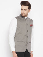 Thumbnail for Even Apparels Grey Polyester Men's Nehru Jacket-Contrast Lining-Inbuilt Pocket Square - Distacart