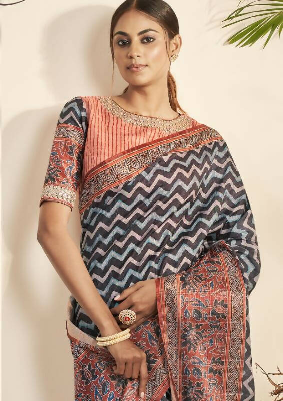 Blue Bhagalpuri Silk Stripe printed with Stone Work & Hand Work Saree - Norita Nirvi - Distacart