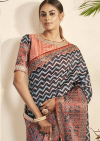 Thumbnail for Blue Bhagalpuri Silk Stripe printed with Stone Work & Hand Work Saree - Norita Nirvi - Distacart