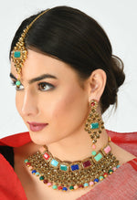 Thumbnail for Mominos Fashion Johar Kamal Gold-Plated Rajwadi Design Heavy Multi Color Necklace Set For Women - Distacart