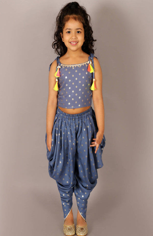 Lil Drama Fusion Fair Girls Blue Crop Top With Dhoti Co-Ordinate Set - Distacart
