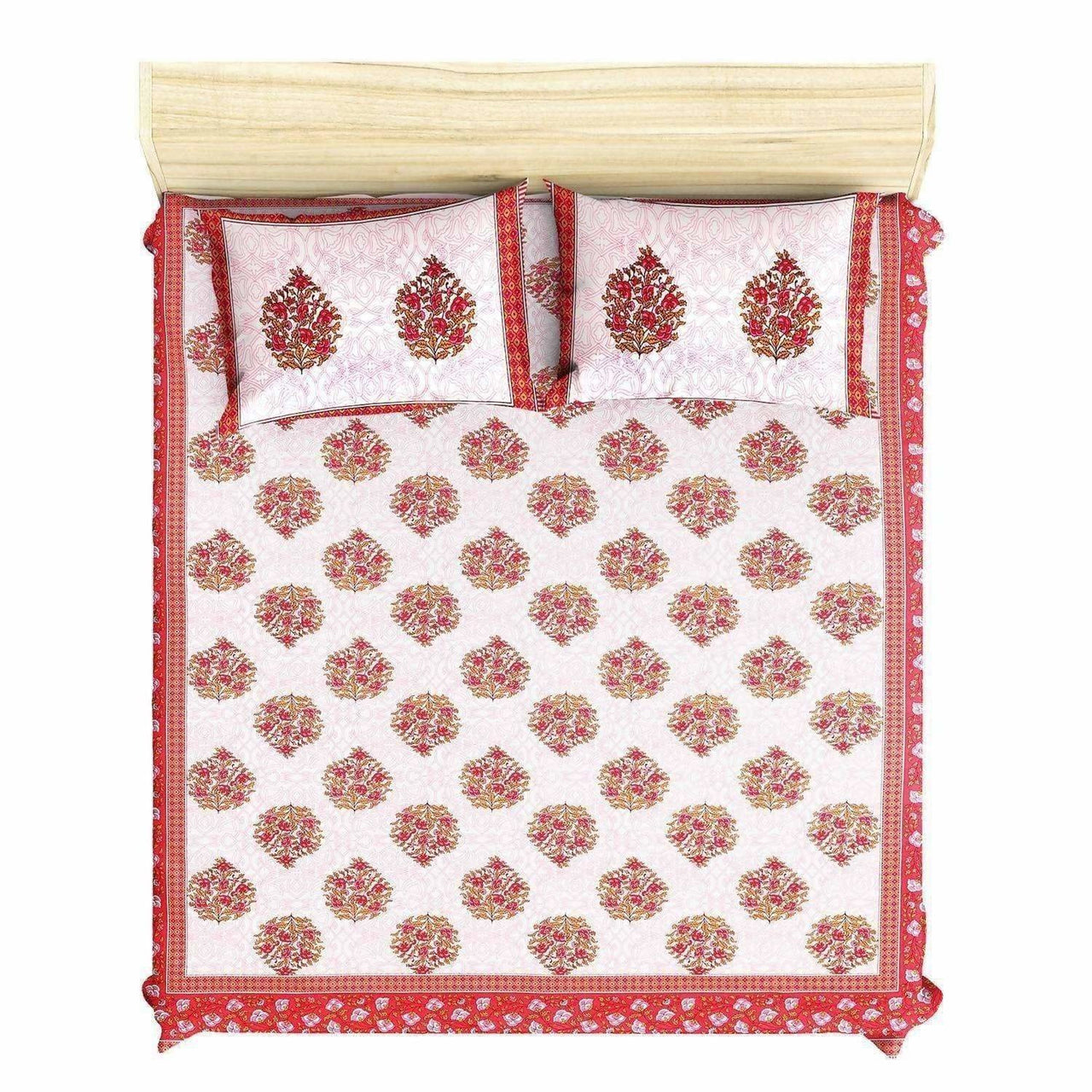 Queen Size 230x270 Cms Jaipuri Hand Block Printed Traditional 144TC Cotton Bedsheet with 2 Pillow Covers - Distacart