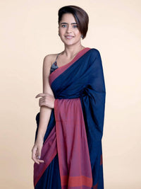 Thumbnail for Suta Navy Blue Pink Colourblocked Mul Saree - Distacart