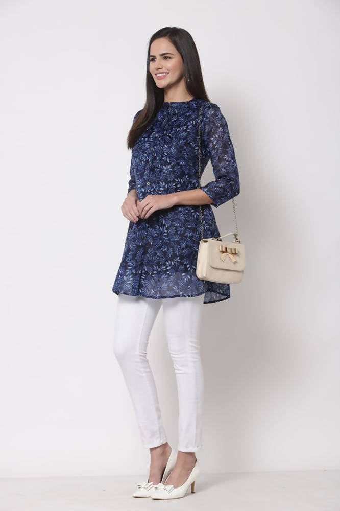 Myshka Women's Trendy Organza Printed Printed 3/4 Sleeve Round Neck Casual Multicolor Tunic