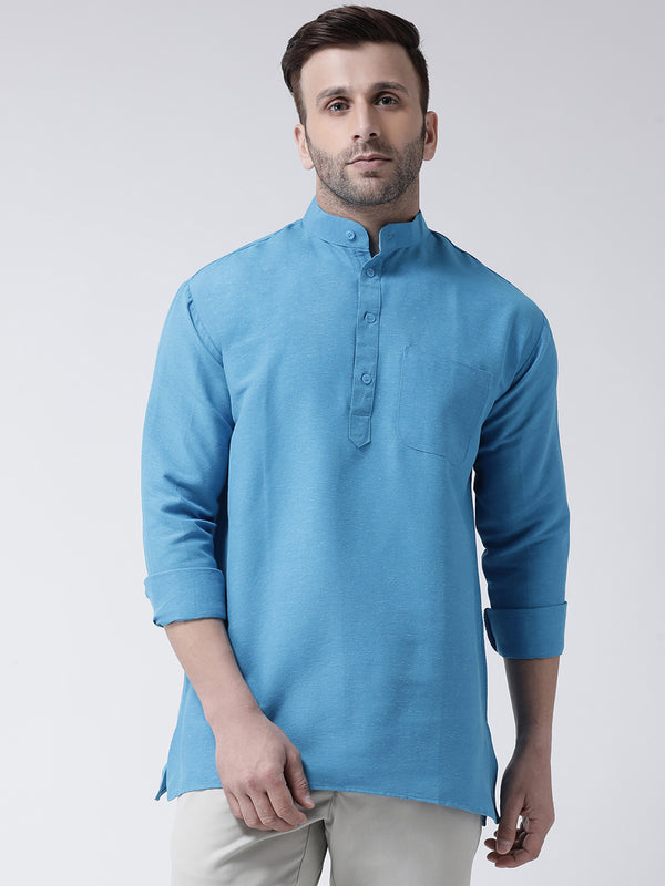 RIAG Blue Color Long Sleeves Men's Cotton Short Kurta - Distacart