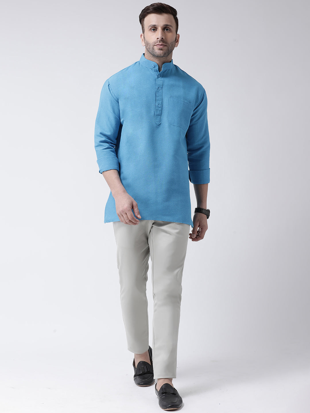 RIAG Blue Color Long Sleeves Men's Cotton Short Kurta - Distacart