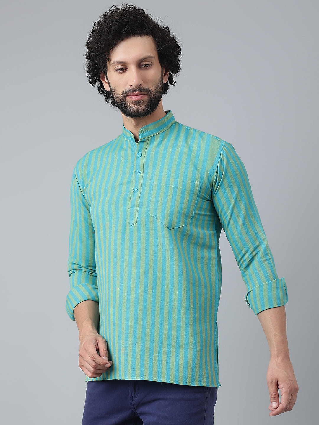 RIAG Blue Color Long Sleeves Casual Men's Cotton Short Kurta - Distacart