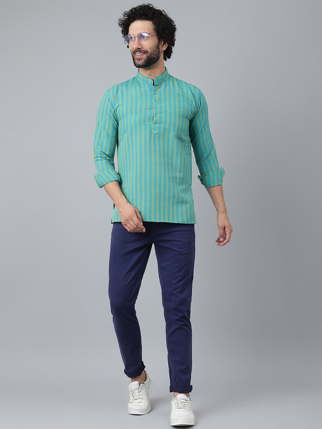 RIAG Blue Color Long Sleeves Casual Men's Cotton Short Kurta - Distacart