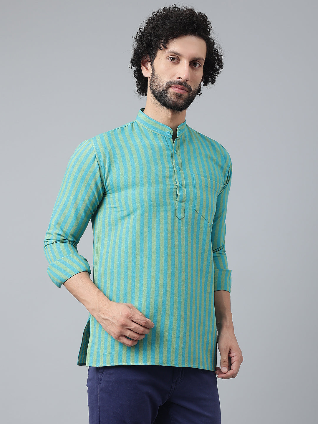 RIAG Blue Color Long Sleeves Casual Men's Cotton Short Kurta - Distacart