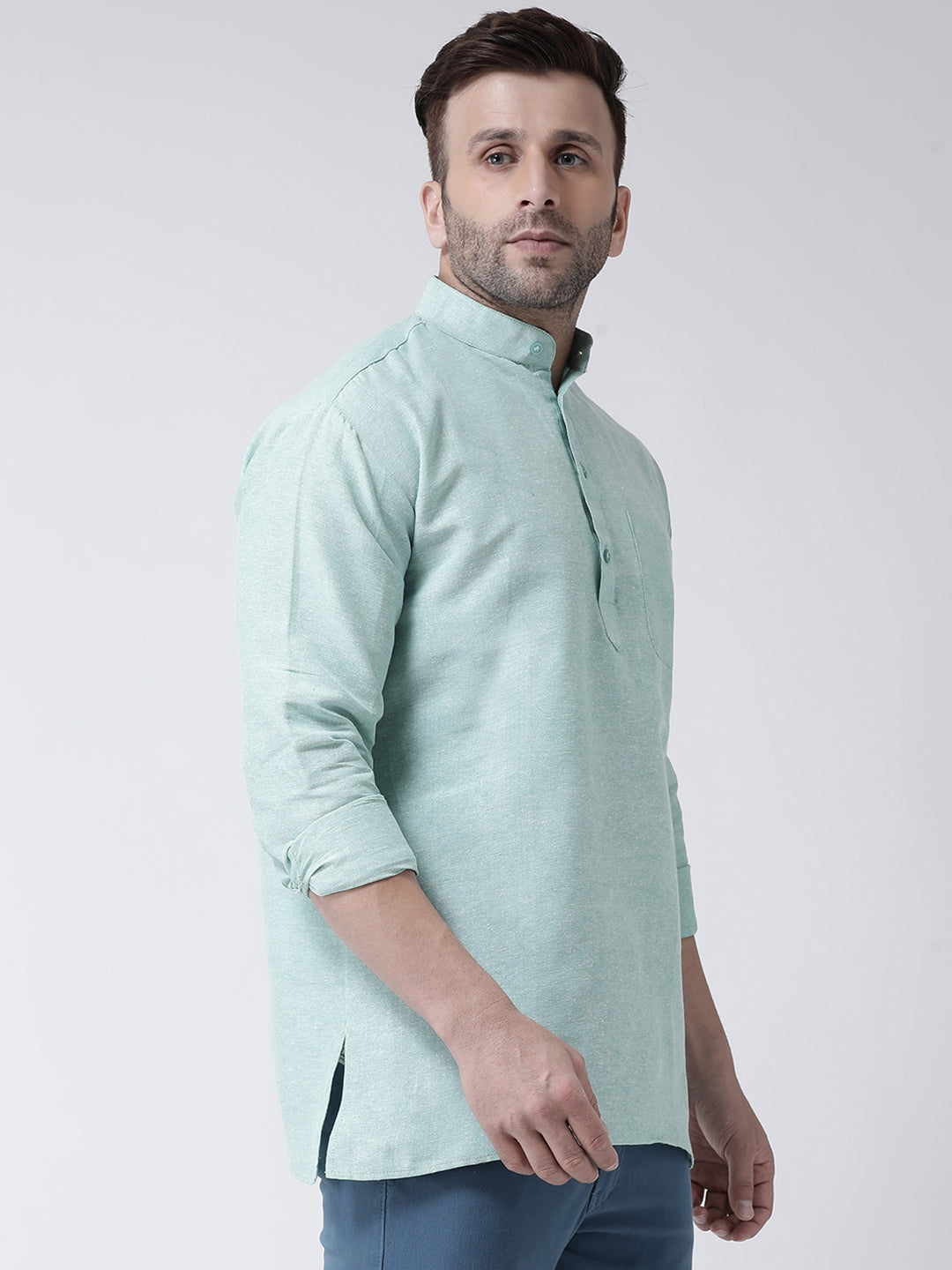RIAG Green Color Long Sleeves Men's Cotton Short Kurta - Distacart