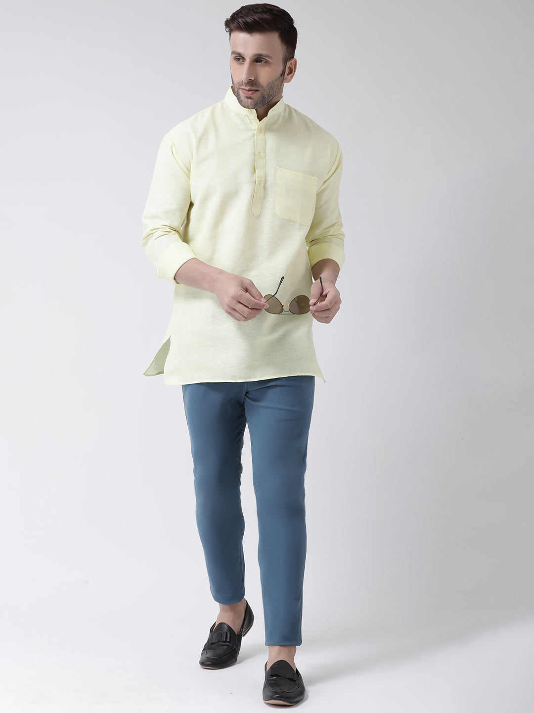 RIAG Yellow Color Long Sleeves Men's Cotton Short Kurta - Distacart